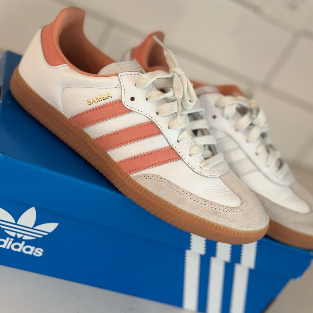 Adidas Samba White and Coral Sneakers
